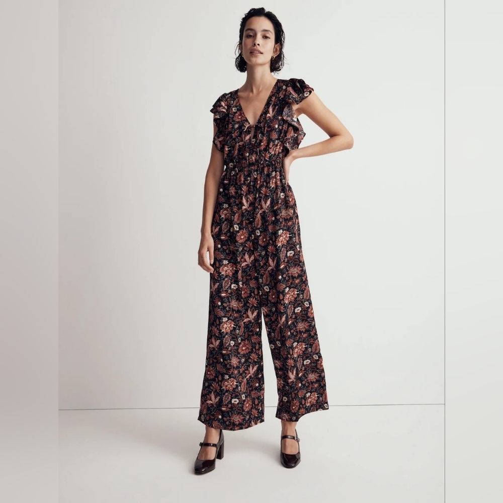 Madewell Deep-V Ruffled Jumpsuit in Pampas Blooms Boho Dark Romantic sz L NWT